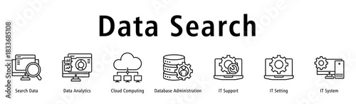 Banner focusing on searching, analyzing, and storing data via cloud, databases, support and settings.