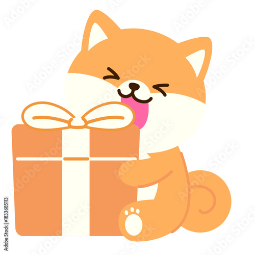 cute orange cartoon dog hugging a gift box, ideal for celebration themes, holiday graphics, birthday messages, festive designs, cheerful branding, and positive digital content