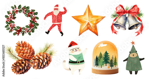 PNG Festive holiday decorations collection, element set on transparent background