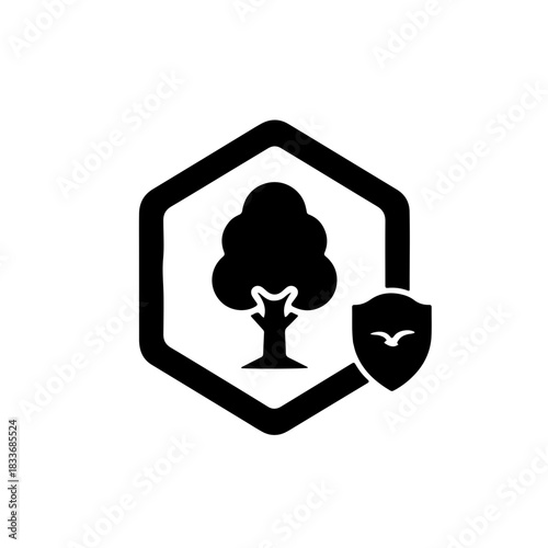 Nature conservation icon with a tree and a bird on a shield, symbolizing environmental protection and wildlife preservation in a hexagon frame