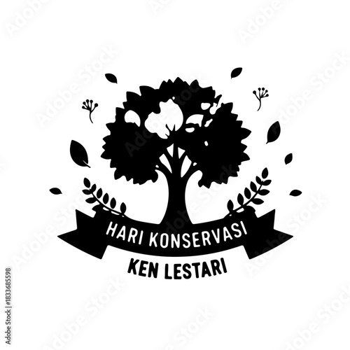 Black and white graphic emblem of a robust tree with falling leaves, embodying nature conservation, environmental protection, and the promise of a sustainable ecological future