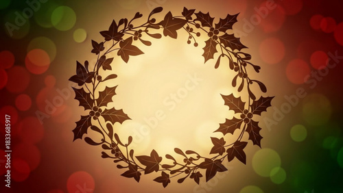 Elegant christmas wreath silhouette with holly and mistletoe branches against a warm golden background with festive red and green bokeh lights