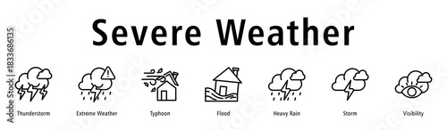 Severe Weather web banner icon vector illustration with icons of Thunderstorm, Extreme Weather, Typhoon, Flood, Heavy Rain, Storm, and Visibility.