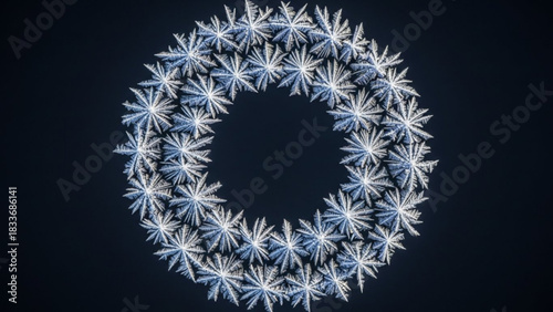 A circular arrangement of delicate ice crystals forming a wreath against a dark background showcasing intricate winter frost patterns and natural beauty