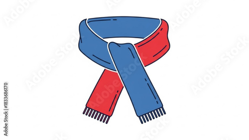 A simple stylized illustration of a knitted scarf in red and blue with fringed ends presented on a clean white background