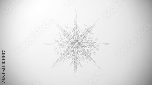 Macro photograph of a delicate ice crystal snowflake with intricate crystalline structures and six symmetrical points against a clean white background