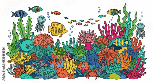 Vibrant coral reef teeming with diverse fish and marine life.
