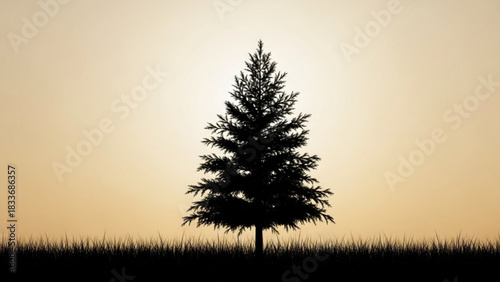 A solitary evergreen tree stands silhouetted against a warm hazy sky with a gentle gradient of color its dark form stark against the soft light