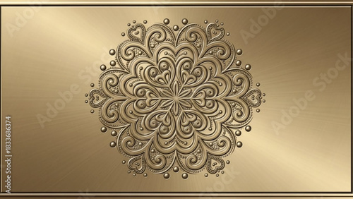 Intricate golden mandala design with embossed floral patterns and beaded accents on a brushed metallic background with subtle radial light rays creating a luxurious and elegant feel