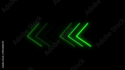 Glowing neon arrow animation, flashing directional arrow loop overlay on a black background. Glowing neon arrow pointers animation.
