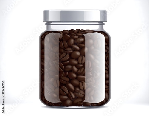 A clear glass jar filled with dark roasted coffee beans, sealed with a silver lid, set against a white background