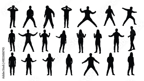 Diverse silhouettes of people in various poses isolated on white background, Vector