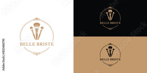 The Belle Briste makeup brush brand has a luxurious and modern logo featuring three brushes inside an elegant, ornate circular frame. The logo is presented in a gold design.