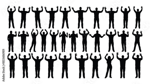 Collection of people silhouettes with raised hands isolated on white background, Vector