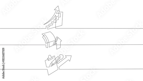 Banner design. continuous line drawing of business icons. rising chart, growth symbol, analytics. vector linear monochrome style illustration.