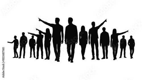People silhouettes pointing in various directions isolated on white background, Vector