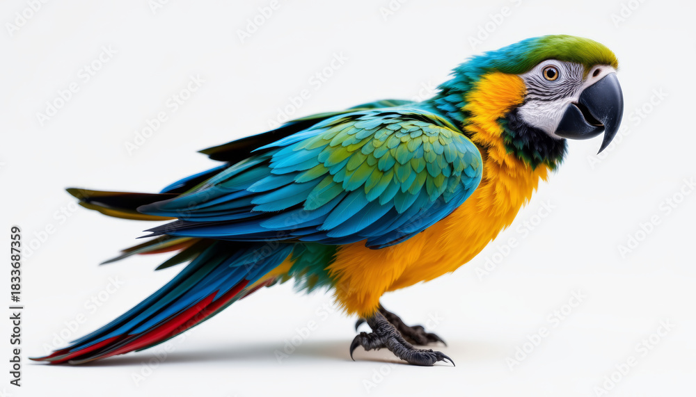 Obraz premium Colorful parrot with blue, green, and yellow feathers perched on white background showing detailed plumage and sharp beak