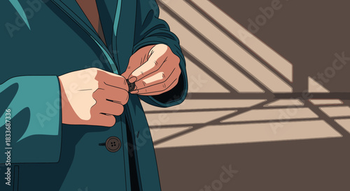 A person's hands meticulously button up a stylish teal coat, preparing for the day ahead with focused attention in a softly lit room.