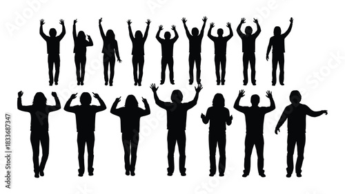 Diverse group of people silhouettes with raised hands isolated on white background, Vector