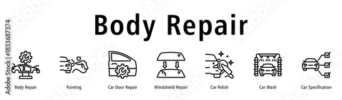 Body Repair web banner icon vector illustration with icons of Body Repair, Painting, Car Door Repair, Windshield Repair, Car Polish, Car Wash and Car Specification.