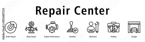 Repair Center web banner icon vector illustration with icons of Brake Repair, Body Repair, Engine Performance, Gearbox, Mechanic, Toolbox and Garage.