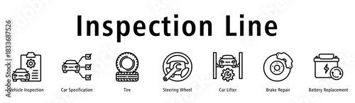 Inspection Line web banner icon vector illustration with icons of Vehicle Inspection, Car Specification, Tire, Steering Wheel, Car Lifter, Brake Repair and Battery Replacement.