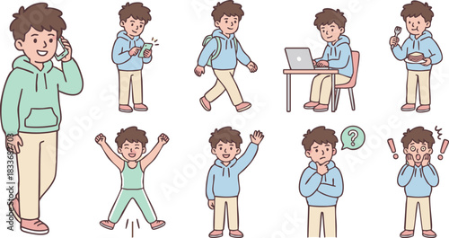 Boy in Everyday Activities Illustration of a Child Engaging in Various Actions