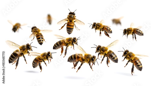 A collection of honeybees, captured mid-flight against a clean white backdrop, showcasing intricate wing details and striped abdomens