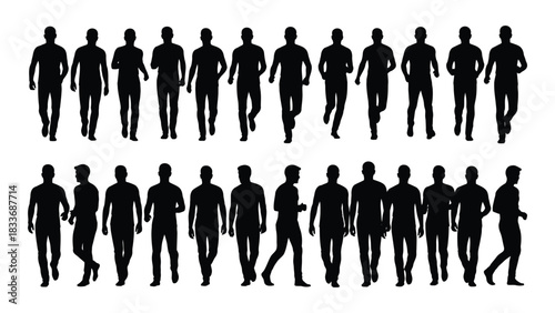 Male silhouettes walking and running isolated on white background, Vector