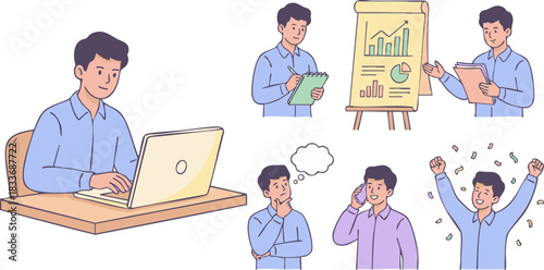 Business professional's daily workflow and achievements illustrated, showcasing a man engaging in tasks from laptop work and presentations to thoughtful problem-solving and celebrating success