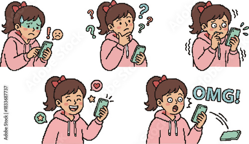 Expressions of a Girl Using a Smartphone Surprise, Confusion, Happiness, and More