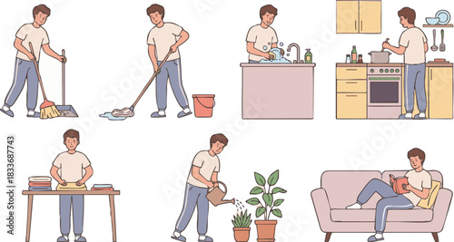 Daily Routine Man Engaged in Household Activities
