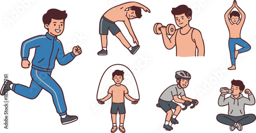 Diverse Fitness and Workout Illustrations Showcasing Exercise Activities for Health and Wellness Concepts