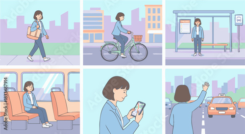Young woman's daily city commute illustrating various transportation options walking, cycling, bus rides, and hailing a taxi, showcasing urban lifestyle and mobility