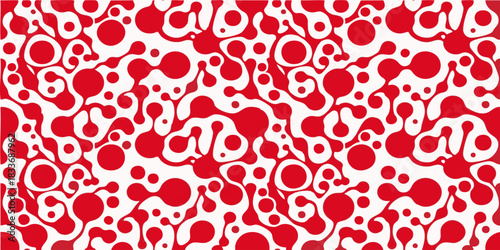 Red and White Abstract Seamless Pattern Organic Shapes, Interconnected Dots