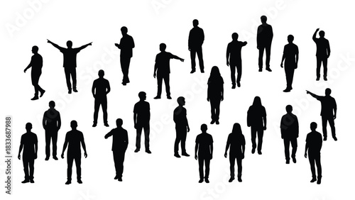Collection of human silhouettes in various poses isolated on white background, Vector