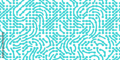 Abstract seamless pattern of a digital network or circuit board with flowing turquoise lines and dots, representing technology and connectivity