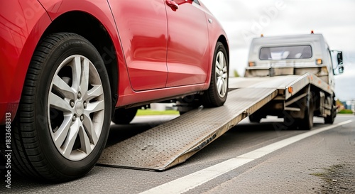 Red car being loaded onto a tow truck with a metallic ramp on a roadside, showcasing vehicle transport and emergency assistance in urban environment