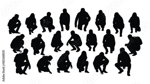 Diverse silhouettes of people squatting isolated on white background, Vector