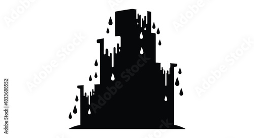 A striking black and white illustration of a melting dripping tower structure silhouette