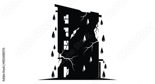a crumbling building with rain and lightning depicted in dramatic black silhouette
