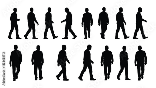 Walking men silhouettes isolated on white background, Vector