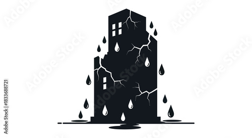 A striking depiction of a crumbling damaged building with dripping water a dark silhouette