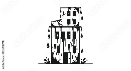 A dripping melting building facade with unique architectural details a striking black silhouette