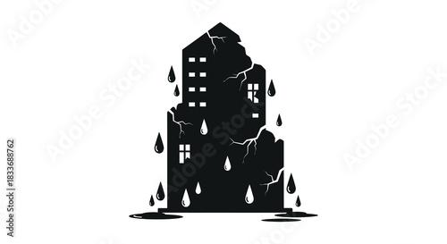 A crumbling damaged building depicted in a stark black and white silhouette