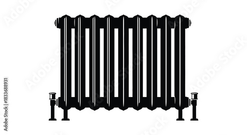 A vintage cast iron radiator against a bright white background detailed and stark silhouette