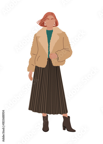 Stylish woman in tan teddy coat, teal sweater, dark brown pleated midi skirt, black ankle boots. Clean lines, modern style, limited palette, contemporary winter fashion. Minimalist flat vector