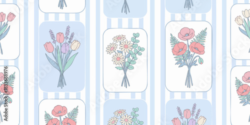 Delicate floral patterns featuring hand-drawn bouquets of tulips daisies and poppies on a striped background