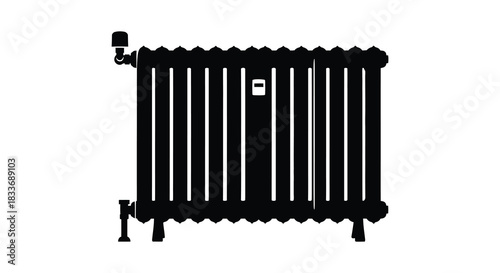 A simple black and white illustration of a vintage style radiator with a valve silhouette
