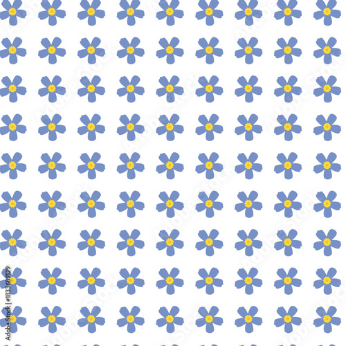 PrintA seamless vector pattern featuring small blue forget-me-not style flowers with yellow centers on a white background. Ideal for textile, wallpaper, wrapping paper, and digital projects.